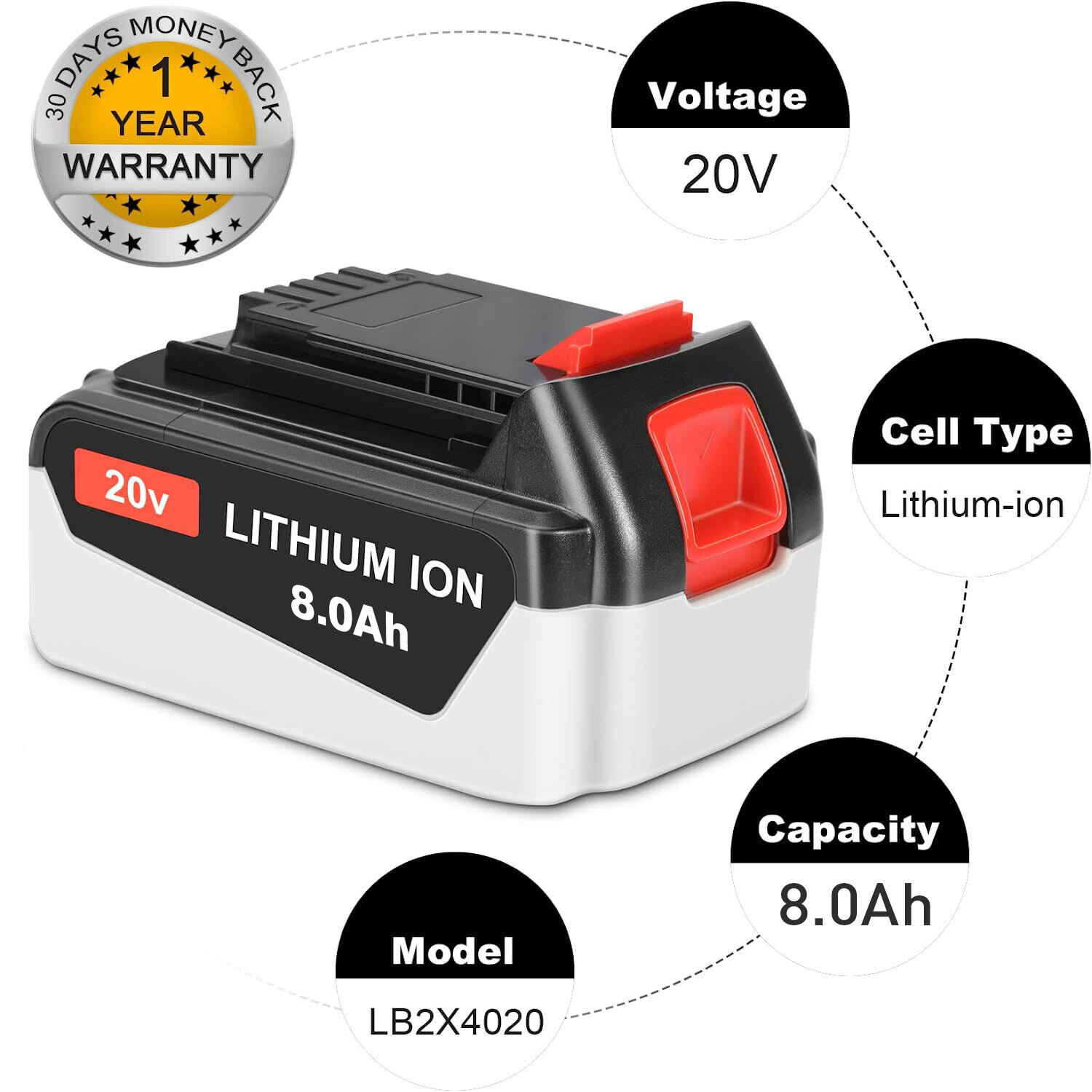 2PCS 20V 8.0Ah For Black and Decker Lithium Li-ion Battery LBXR20 LB2X4020 LBX20