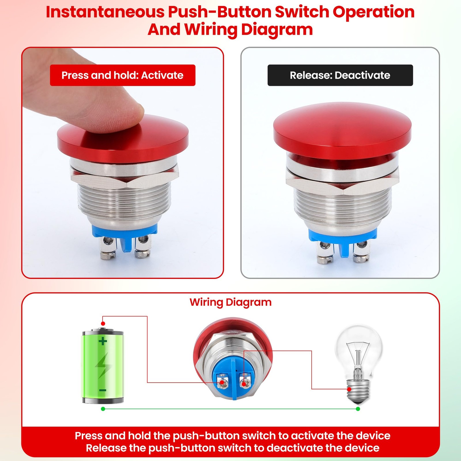 22mm Mushroom Head Momentary Push Button Switch, IP65 Waterproof 5A 12V/24V/3…