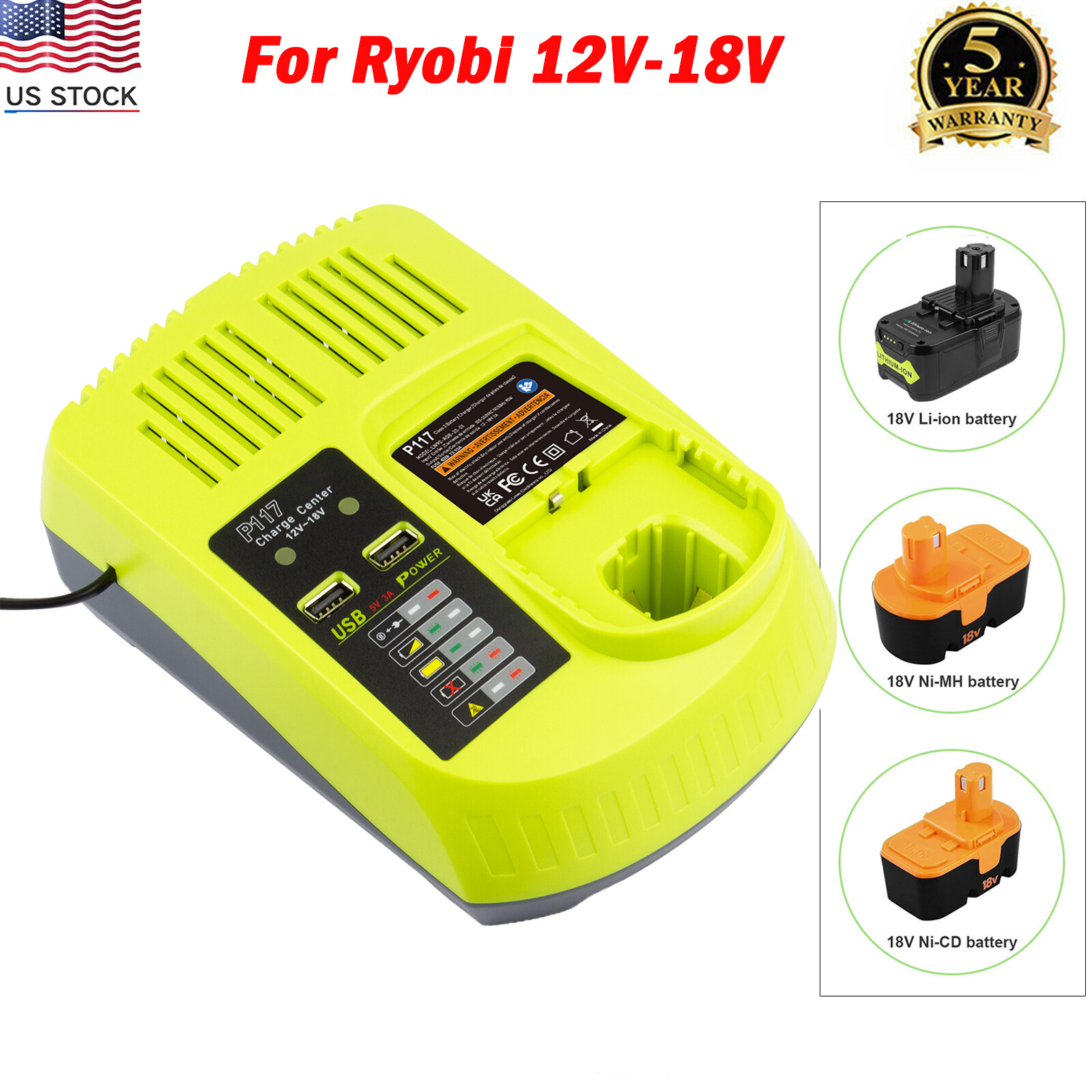 P117 Battery Charger For RYOBI 18V High Capacity 18Volt Lithium-Ion P108 P109
