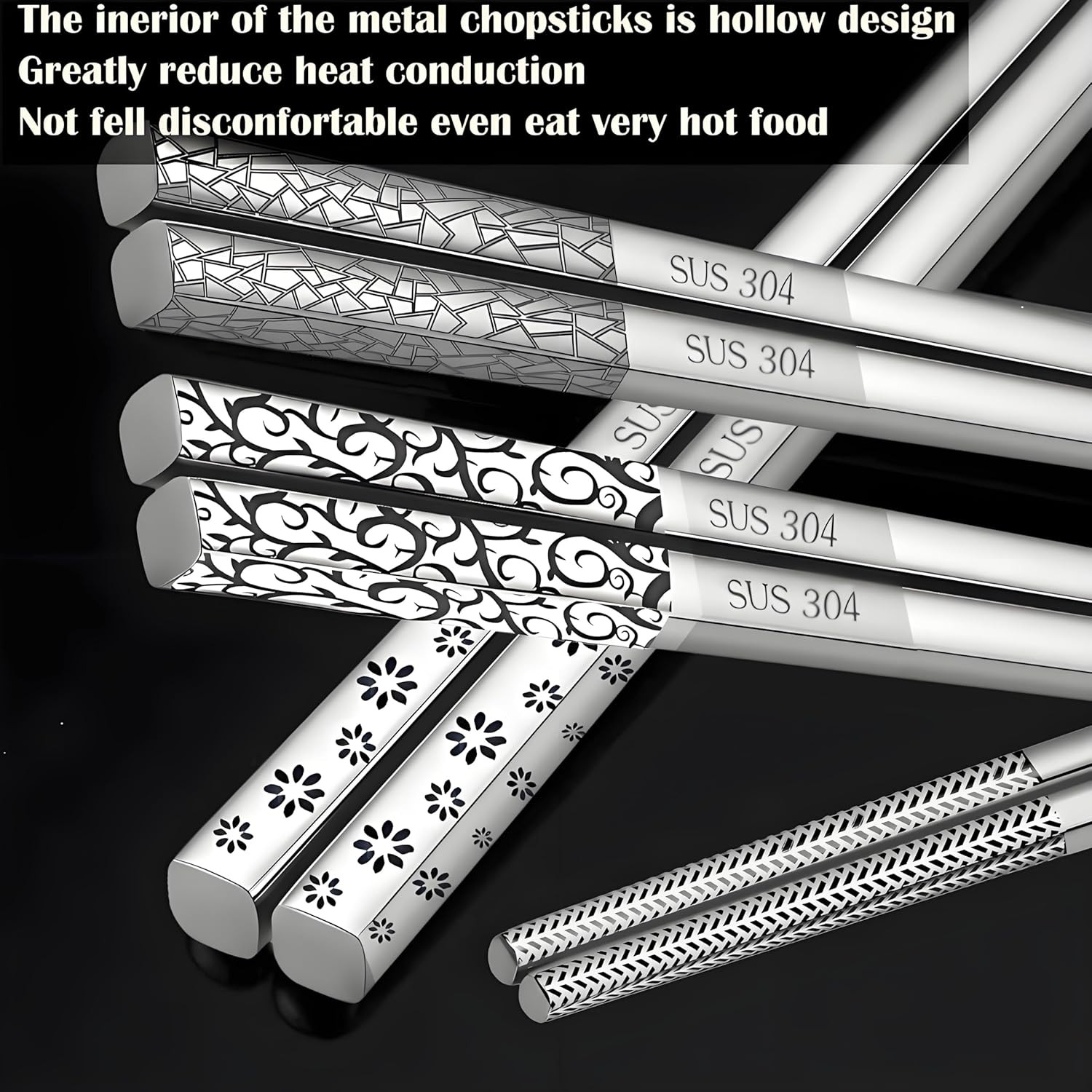 Stainless Steel Chopsticks 5 Pairs Metal Chopsticks Reusable Dishwasher Safe Squ