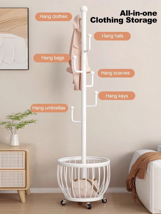 Freestanding Tree Coat Rack with Basket Metal Entryway Hat Bag Stand