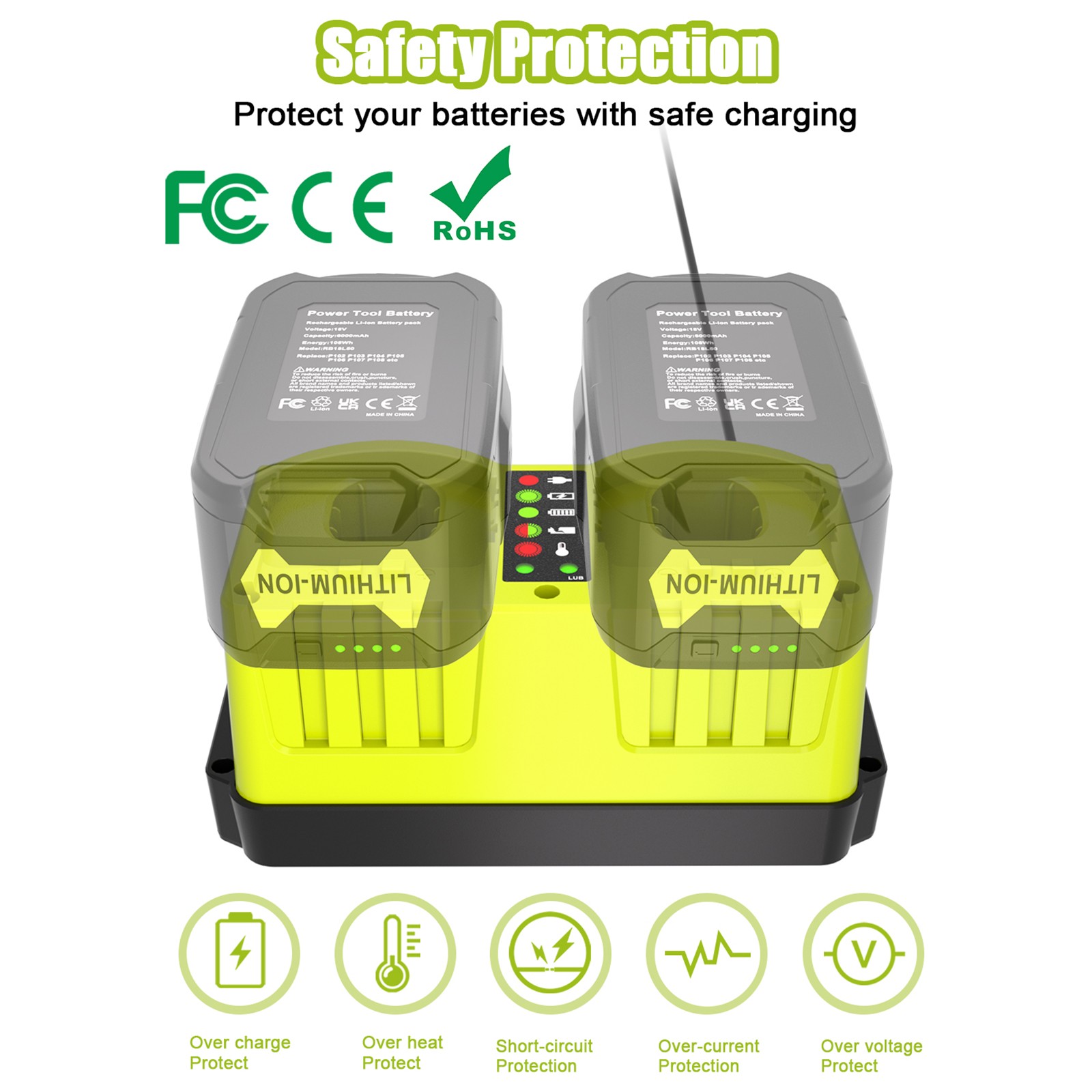 18V Dual-Port Simultaneous Charger for Ryobi ONE+ 18 Volt Battery P103 P105
