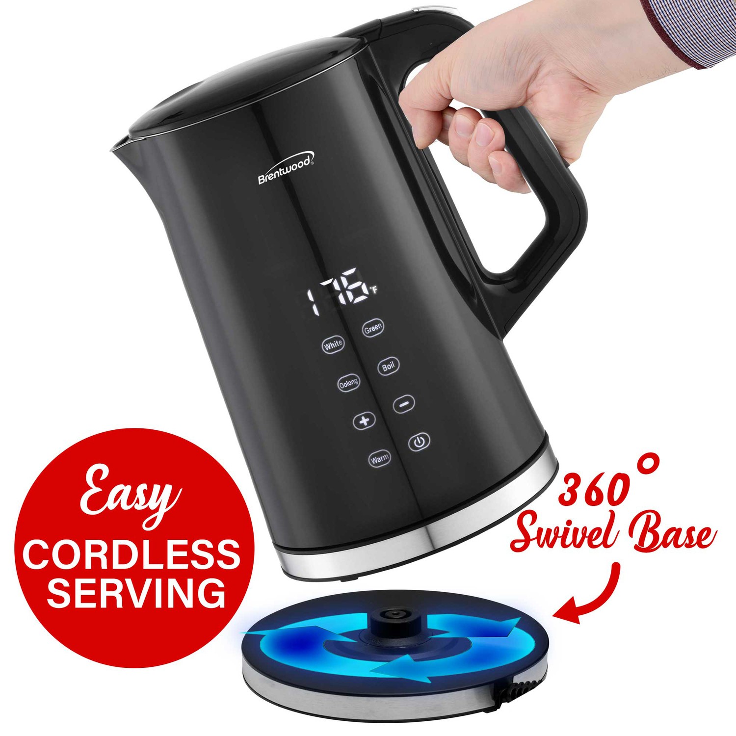 1100W 1.7L Cordless Cool-Touch Digital Electric Kettle Stainless Steel Interior