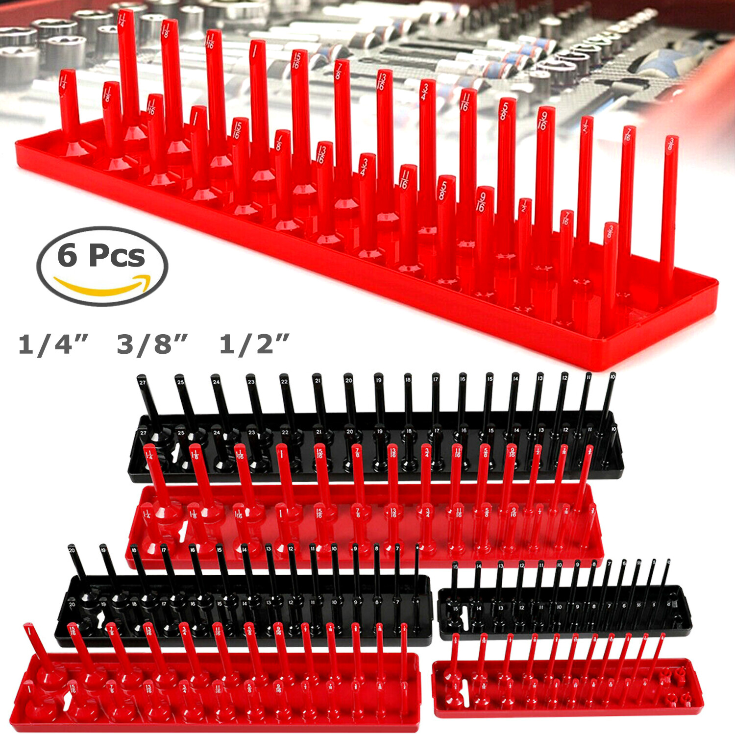 6PCS Socket Organizer Tray Set Hold 90 Metric&76 SAE Socket 1/4″ 3/8″ 1/2″ Drive