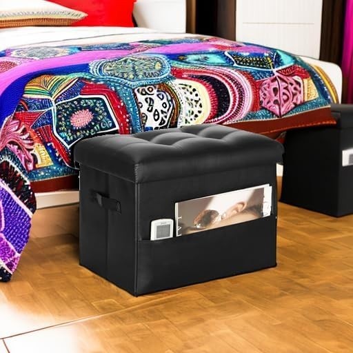 Multipurpose Storage Ottoman – Black Faux Leather, Comfortable & Easy to Clean