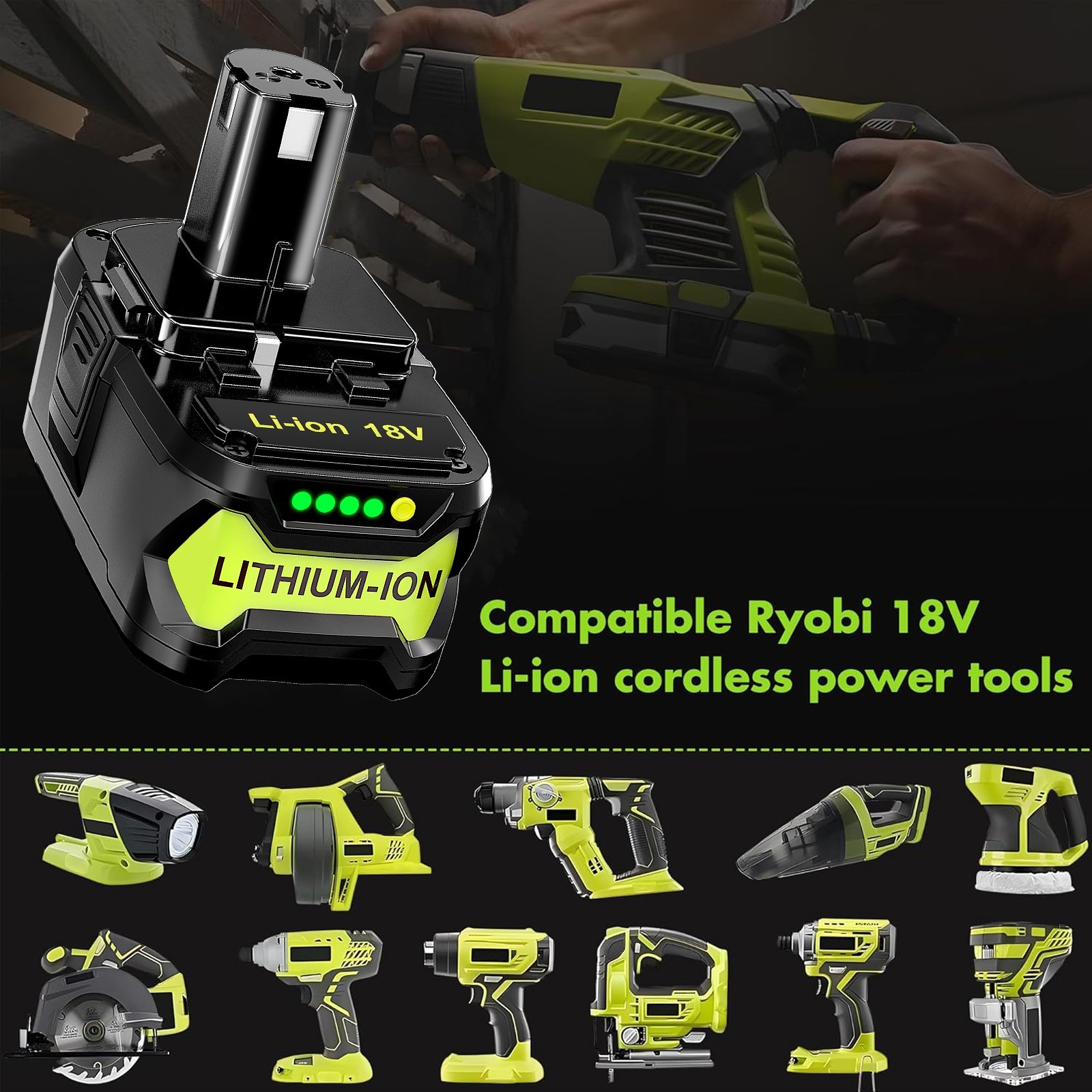 Pack For Ryobi P108 18V 8Ah / 9Ah High Capacity Tool Battery 18Volt Lithium-Ion