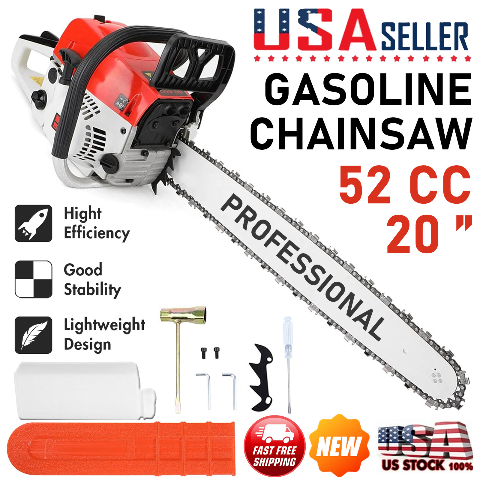2-Stroke Gasoline Chainsaw 52 CC 20″ Bar Power Engine Wood Cutting Gas Chain Saw