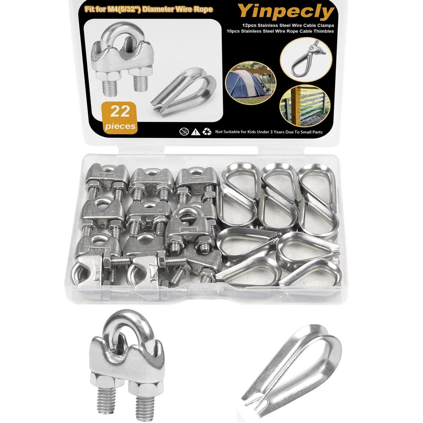 12Pcs 5/32” M4 Wire Rope Clamps 10Pcs M4 Wire Rope Thimble, 304 Stainless St…