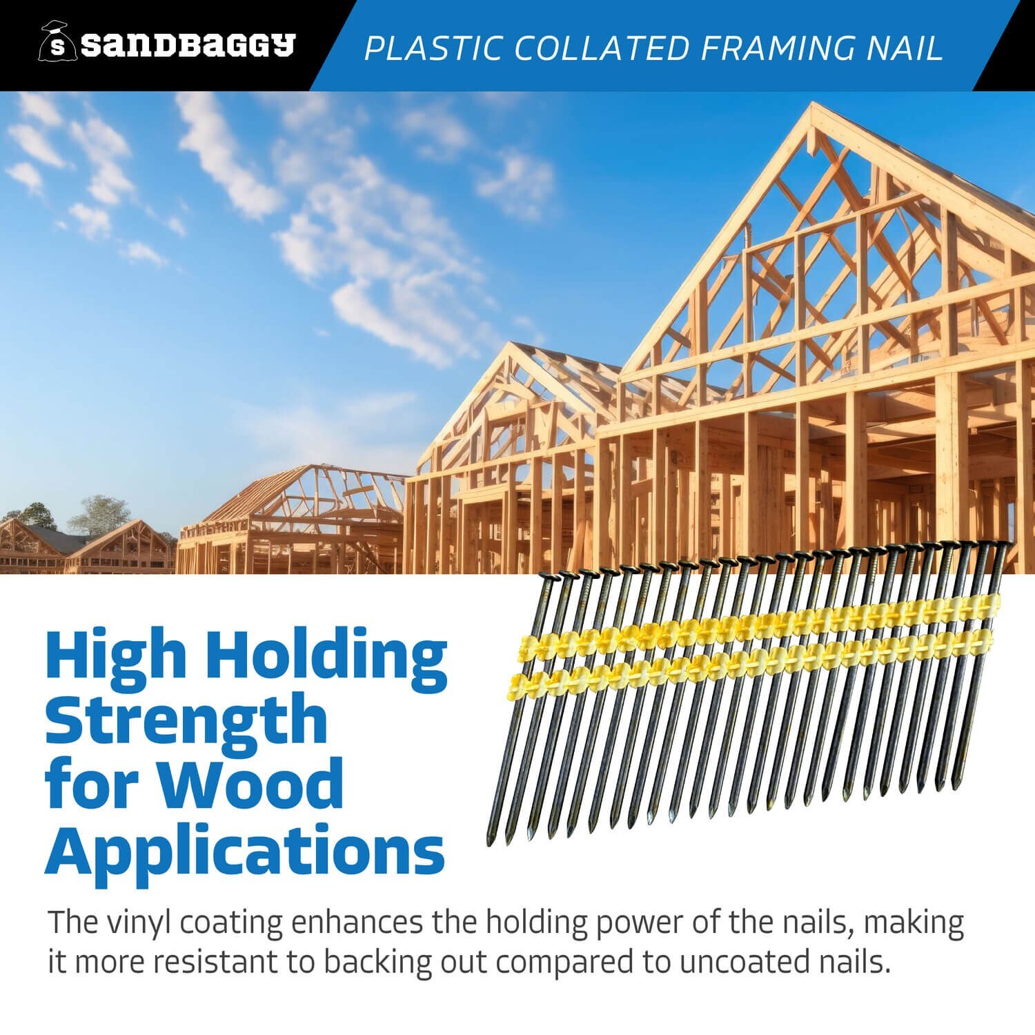 Sandbaggy 3.5 in 21 Degree Framing Nails – Plastic Collated Strip – Round Head