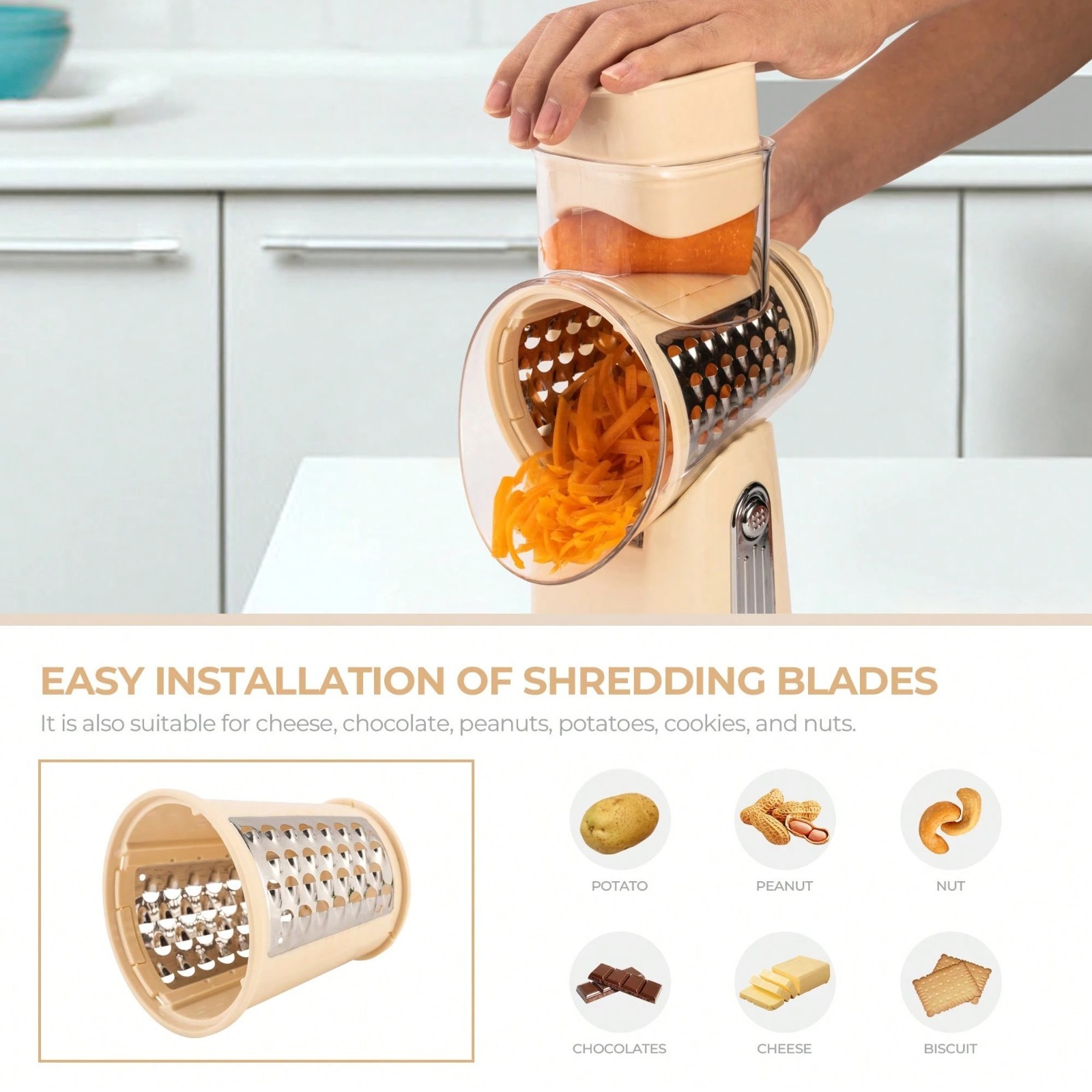SUSTEAS Rotary Cheese Grater with 5 Blades & Storage Box Sleek Vegetable Shredde
