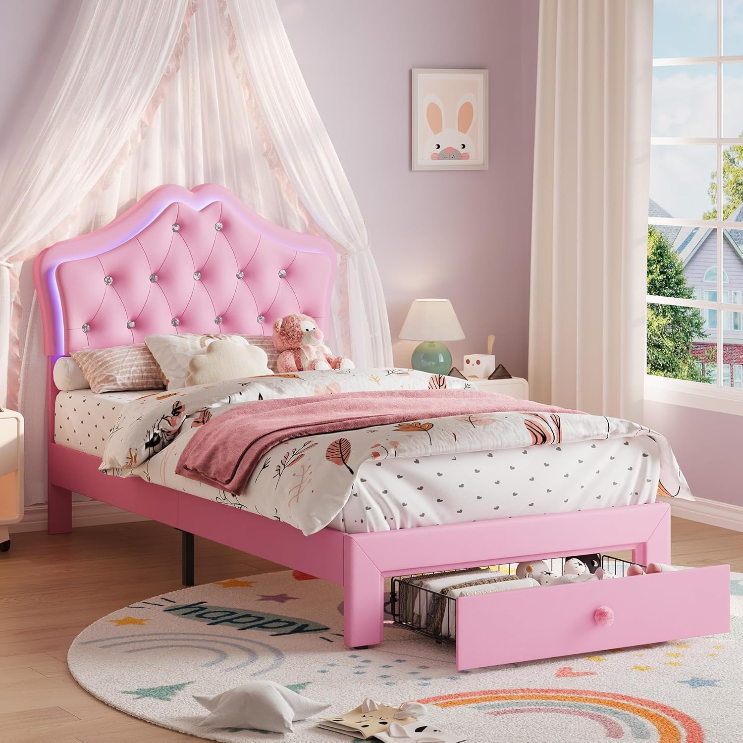 Twin Size Upholstered Bed Frame w/ Storage Drawer & LED Headboard for Kids/Girls