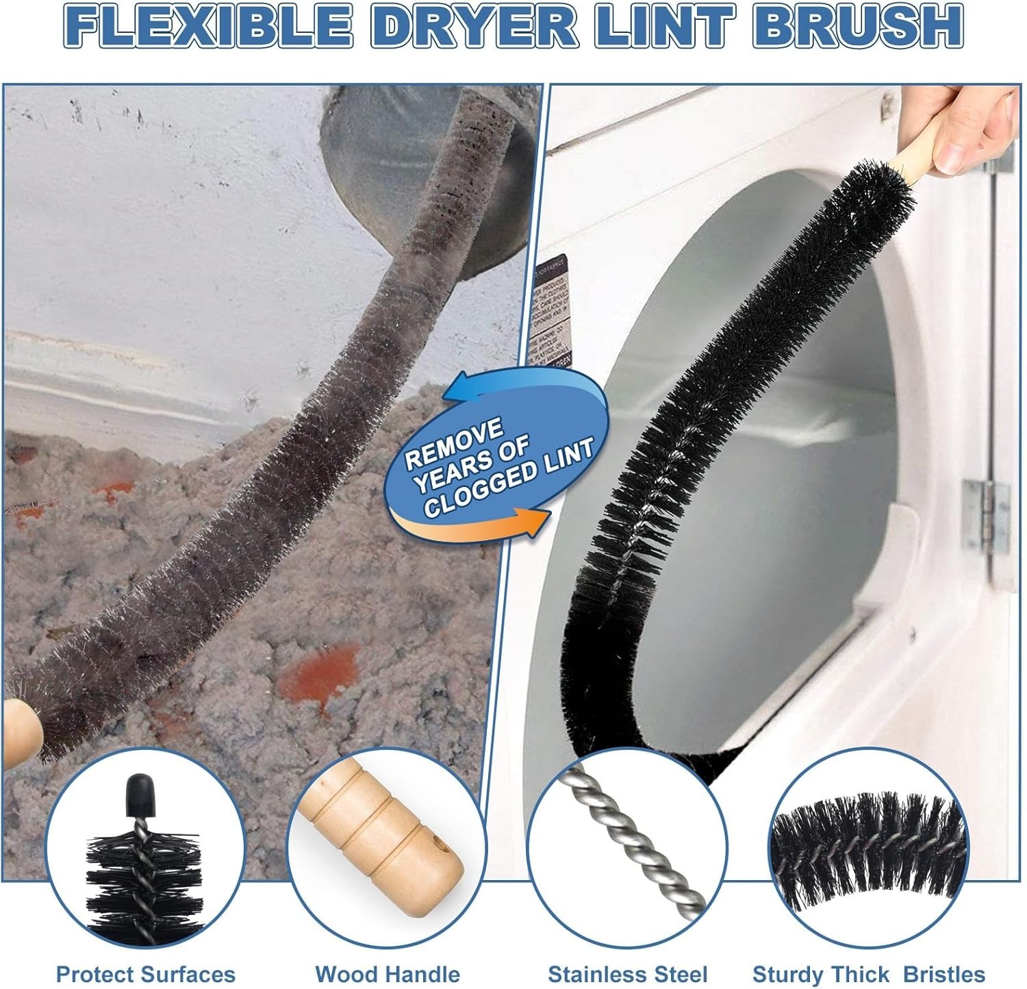 2-Piece Dryer Vent Lint Remover Vacuum Hose Attachment Cleaner Kit with Brush