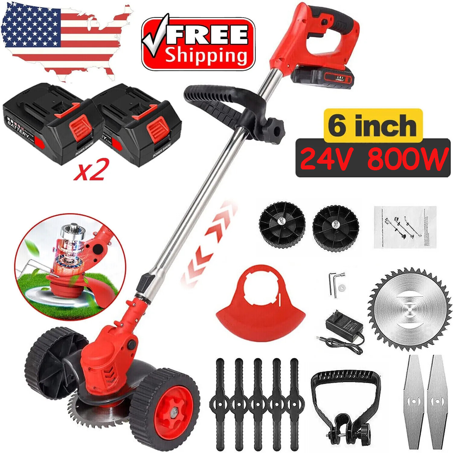 24V Electric Weed Wacker Cutter Grass String Trimmer Cordless 2 Battery Powered