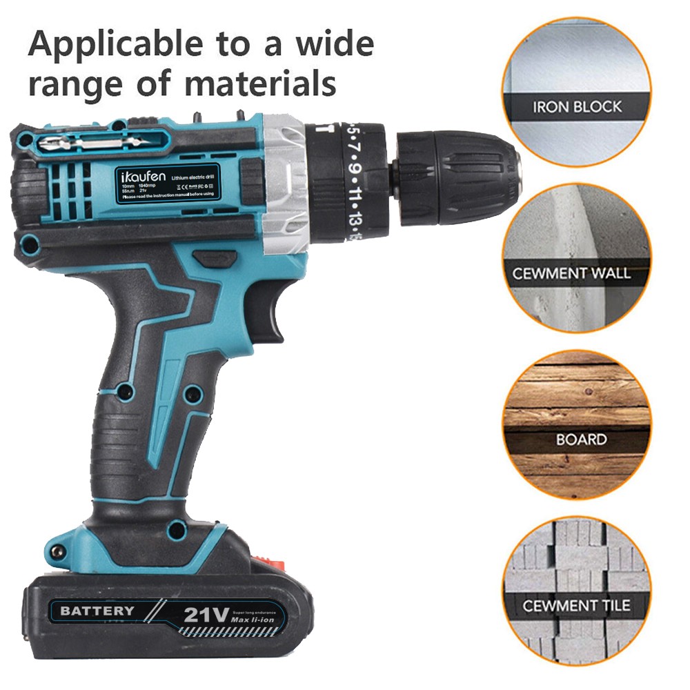 Blue Electric Drill Cordless Screwdriver Set Power Tool with 2 Battery&ChargerB2