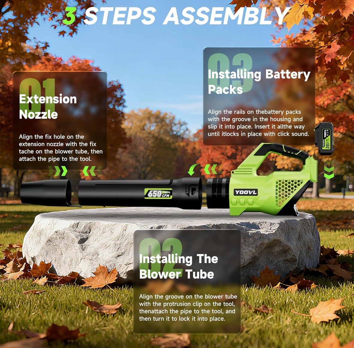 Leaf Blower Cordless, 650CFM Electric Leaf Blowers with 2 X 5.2Ah Batteries