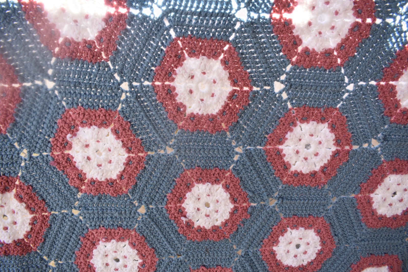 Hand Crochet Octagon Granny Throw Blanket Afghan Blue, White & Rose Colors 73×54