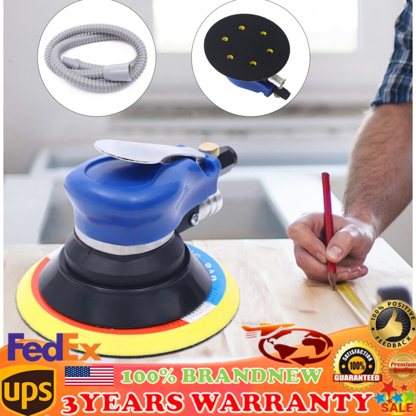NEW 6” Air Palm Orbital Sander Random Hand Sanding Pneumatic Round 10000RPM USA
