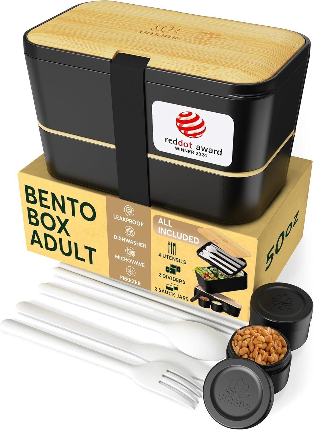 Umami Bento Box Adult – Stackable , Easy To Clean, 100% Leakproof -Bamboo Black