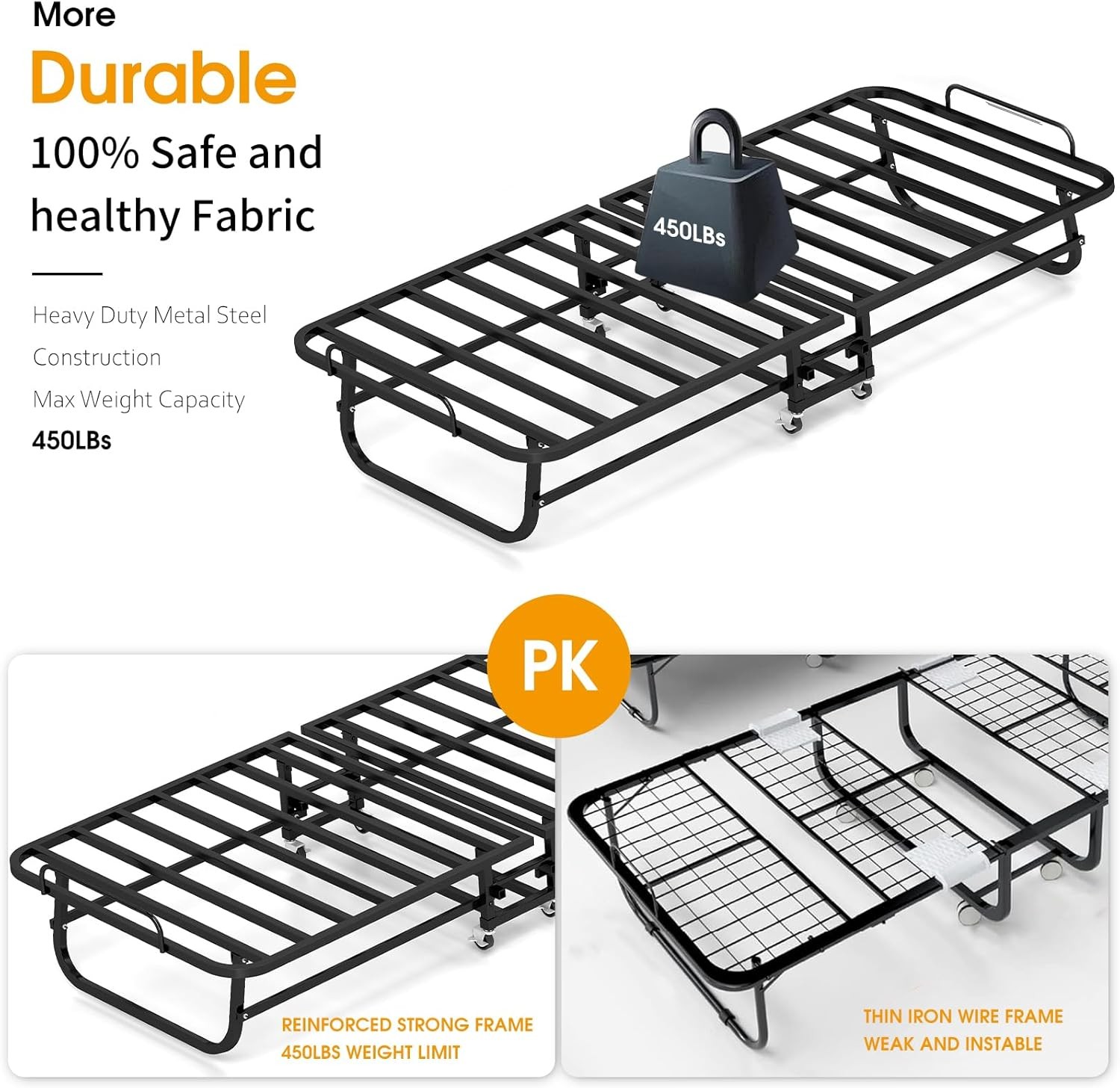 Portable Folding Bed with Memory Foam Mattress Rollaway Metal Frame Guest Bed