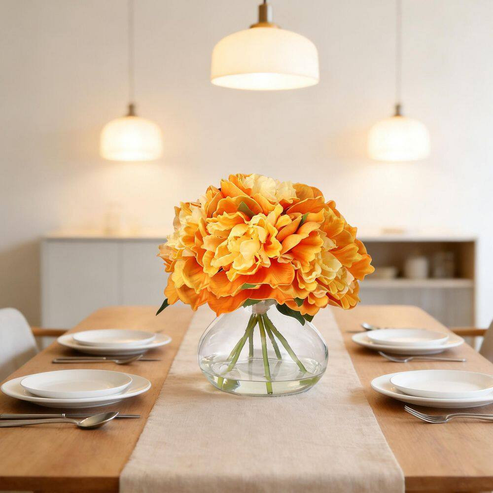 9.8 In. Orange Artificial Peonies Floral Arrangement in Glass Vase