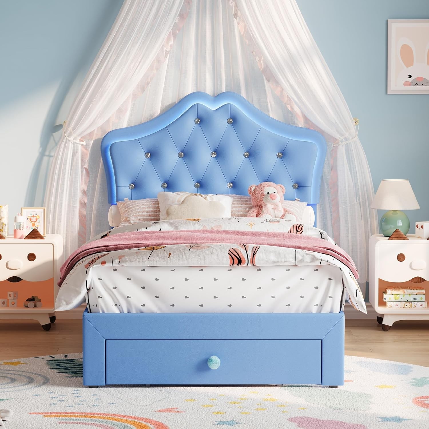 Twin Size Upholstered Bed Frame w/ Storage Drawer & LED Headboard for Kids/Girls
