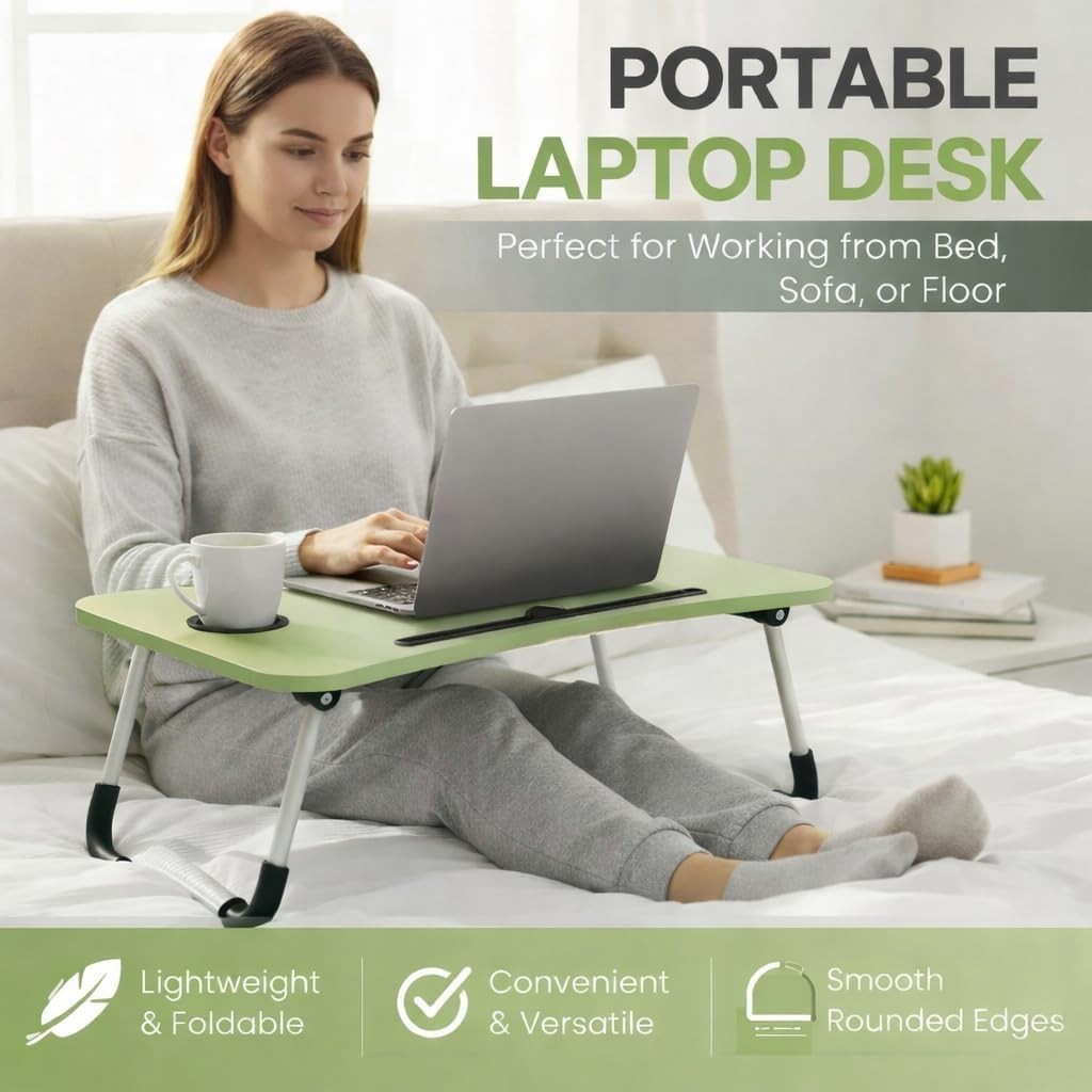 Foldable Laptop Table With Drawer – MDF Wood Desk With Cup Holder, Tablet Slot