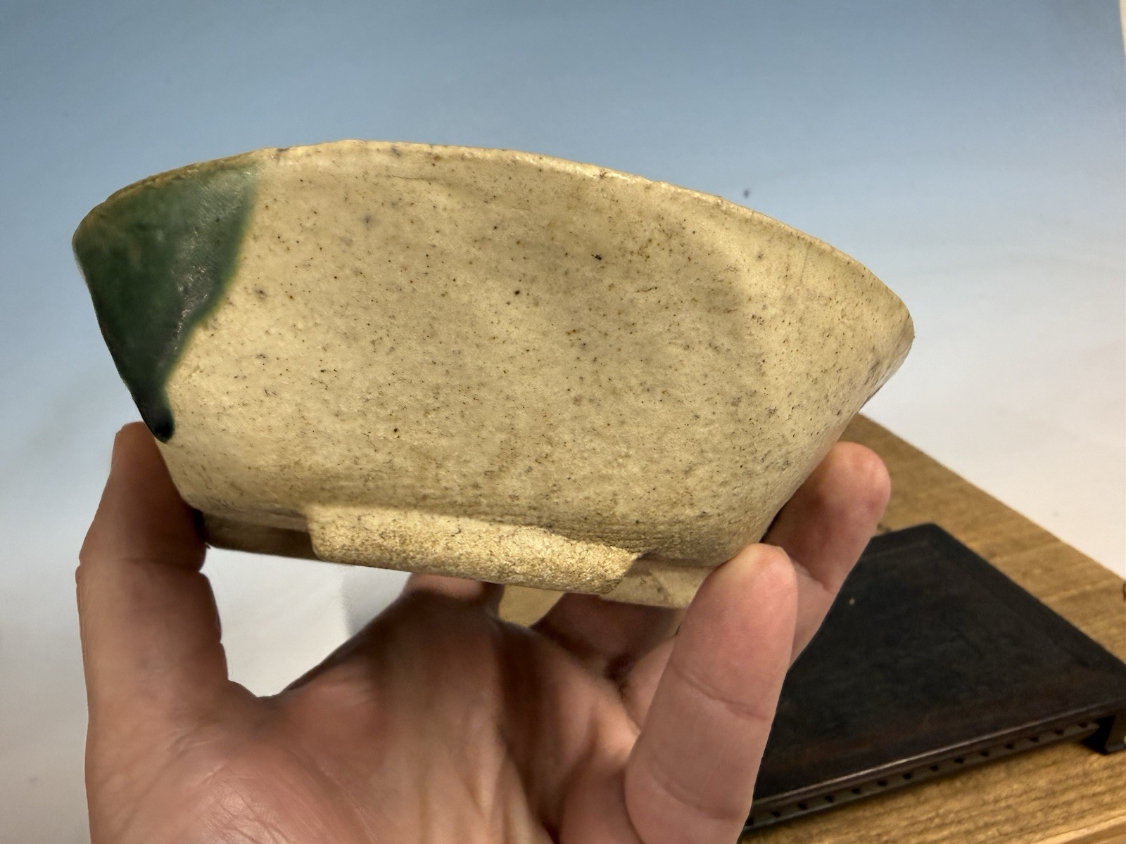 Japanese Unknown Maker Shohin Bonsai Tree Pot 6 1/4 By 1 7/8” Cream And Green