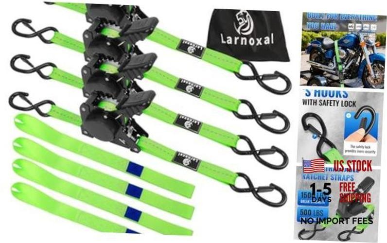 Retractable Ratchet Straps 4 Pack – 1,500 Lbs Break Strength 1 in x 10 Ft Green