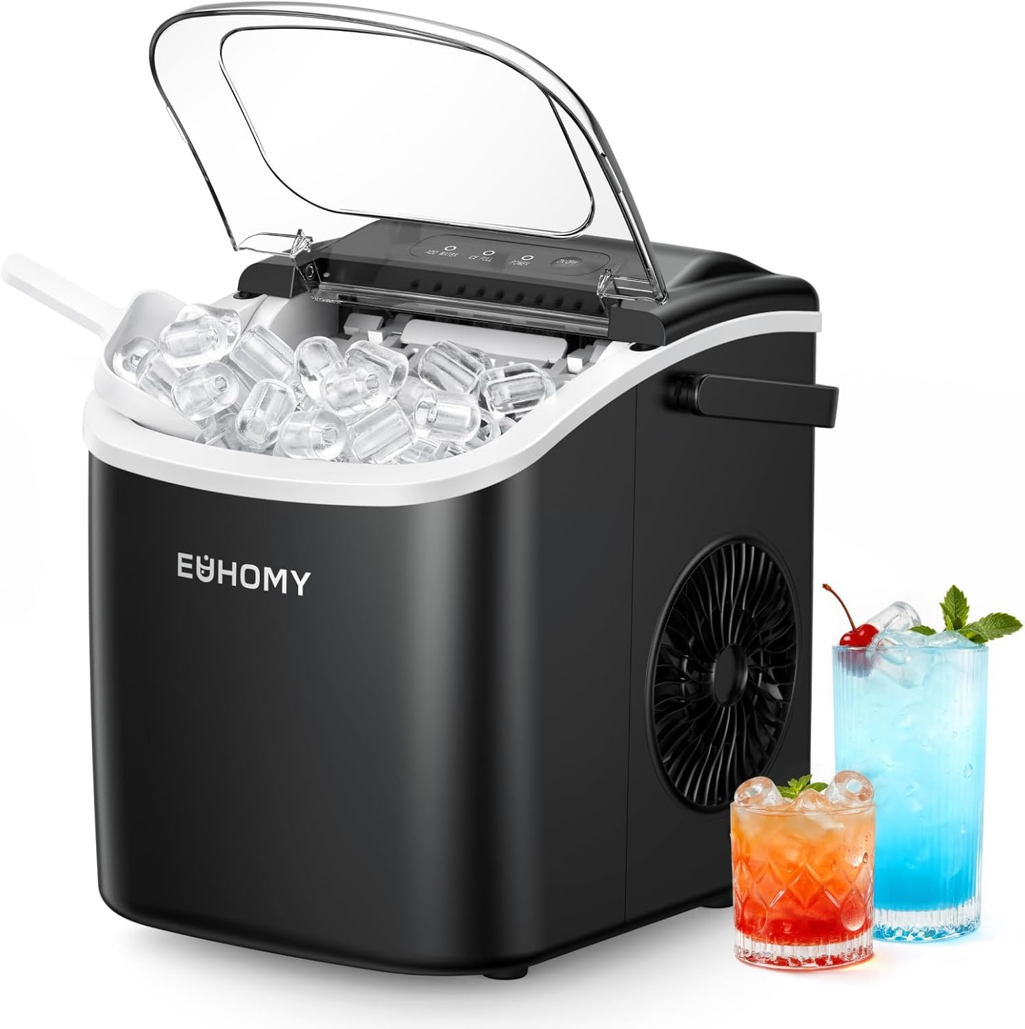 EUHOMY Countertop Ice Maker Machine with Handle, 26Lbs in 24Hrs, 9 Ice Cubes Rea
