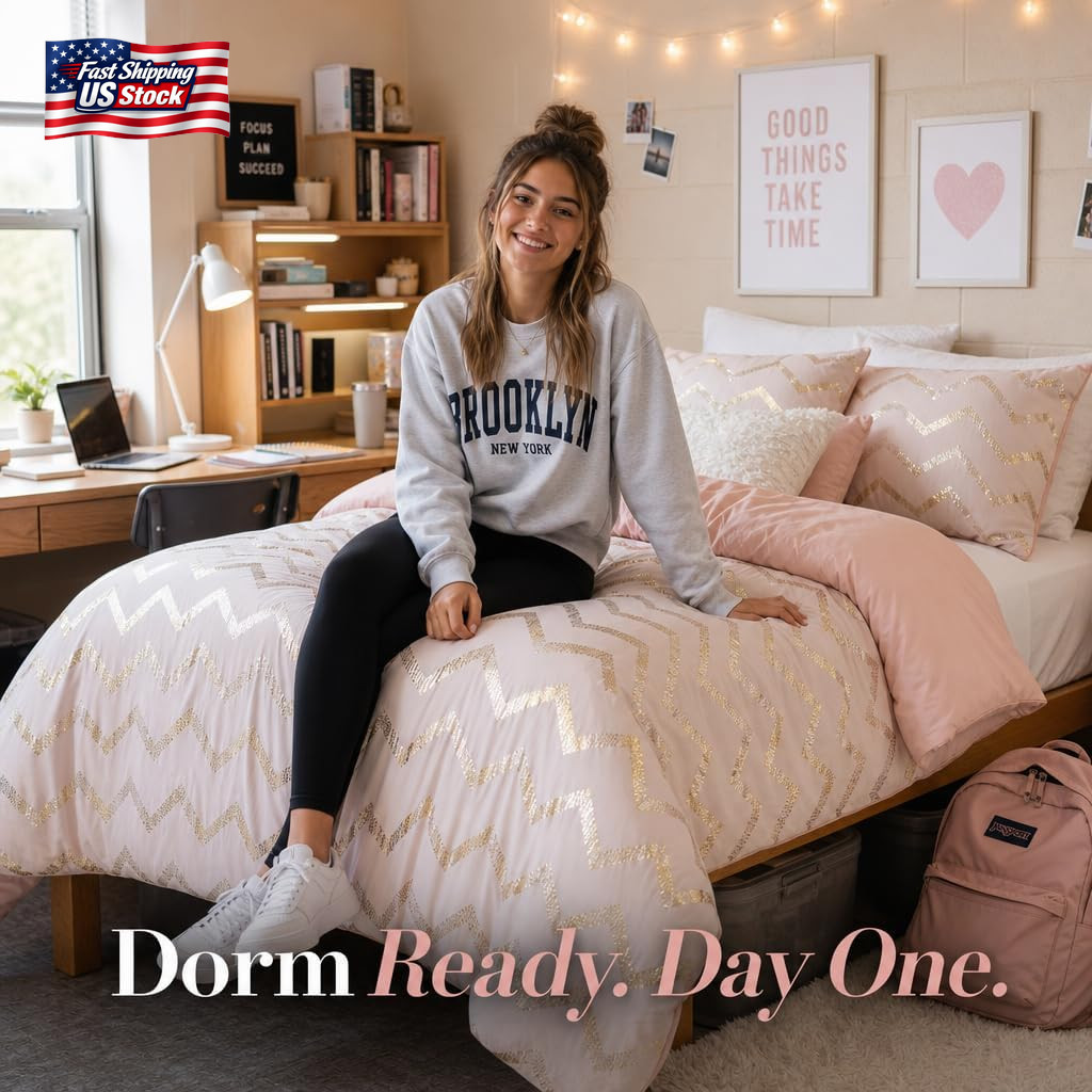 Codi Twin Comforter Set for Teens and Adults, 3-Piece Pink and Gold Bedding, War