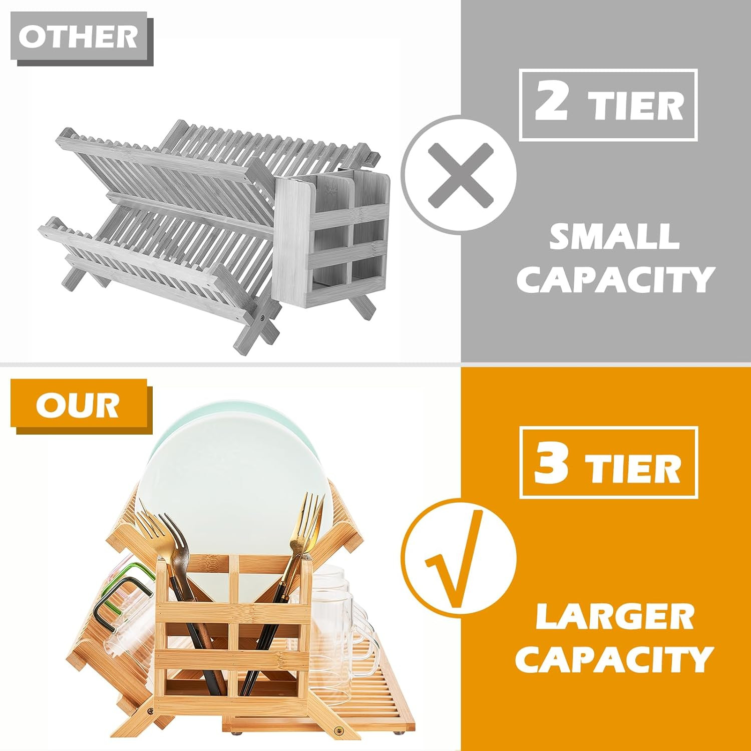 Bamboo Dish Drying Rack⭐3 Tier Collapsible Wooden Dish Drainer Rack ⭐
