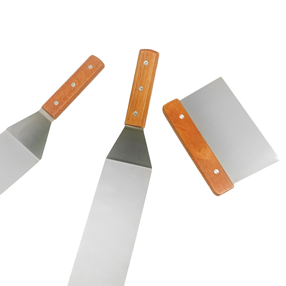 Stainless Steel Metal Spatulas, Scraper for Cast Iron BBQ Grill, Wood Handle