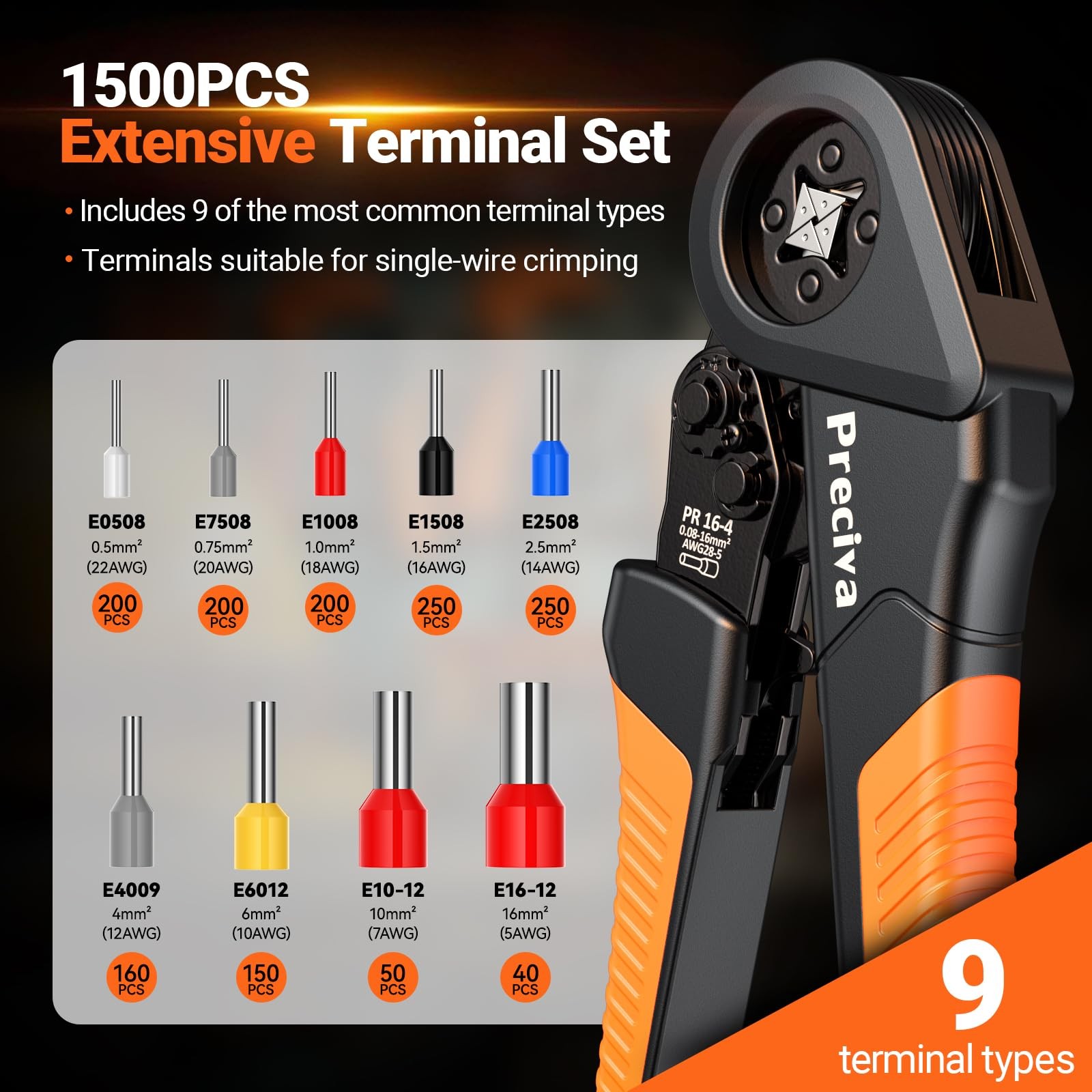 Preciva Ferrule Crimping Tool Kit – AWG 28-5 (0.08-16mm²), Orange