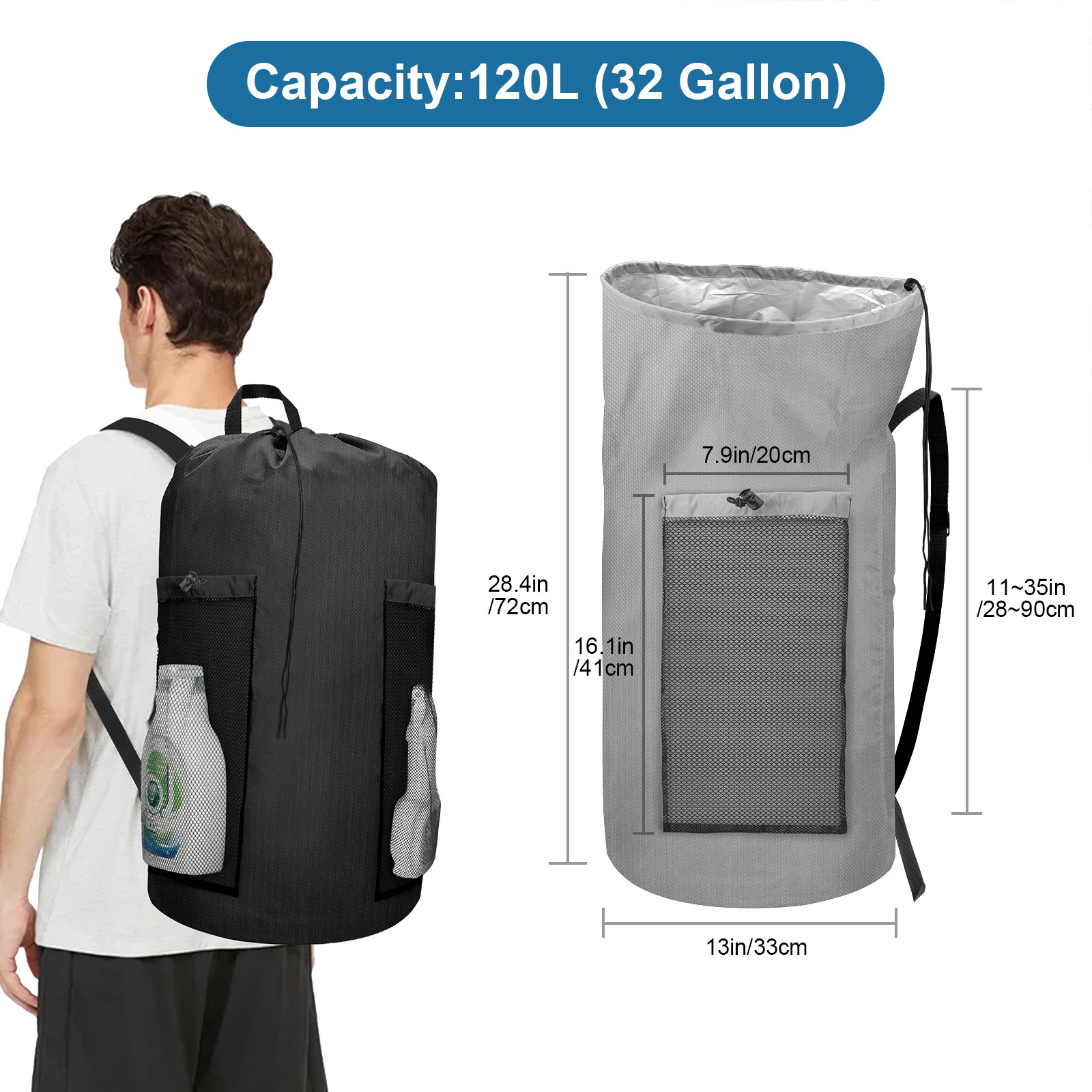 120L Large Laundry Bag Backpack with Straps & Two Mesh Pockets for College Dorm