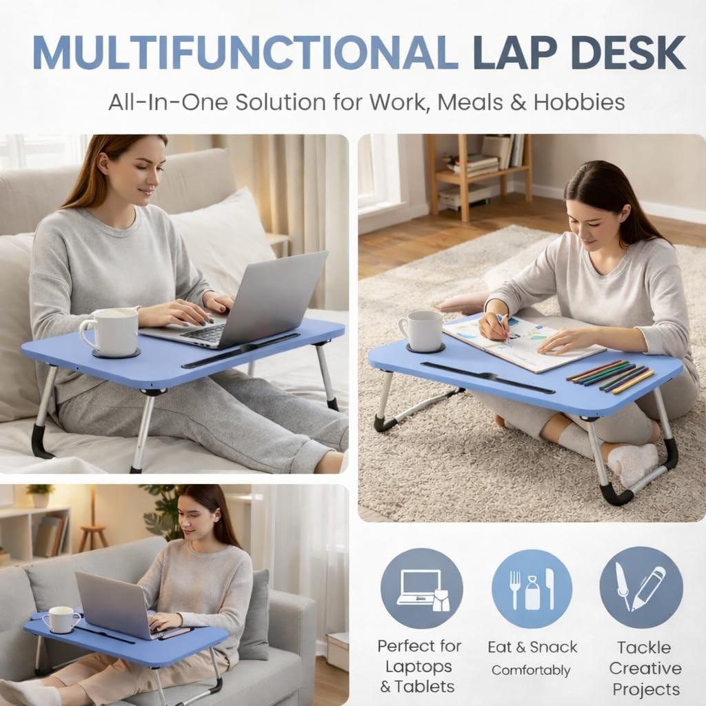 Foldable Laptop Table With Drawer – MDF Wood Desk With Cup Holder, Tablet Slot