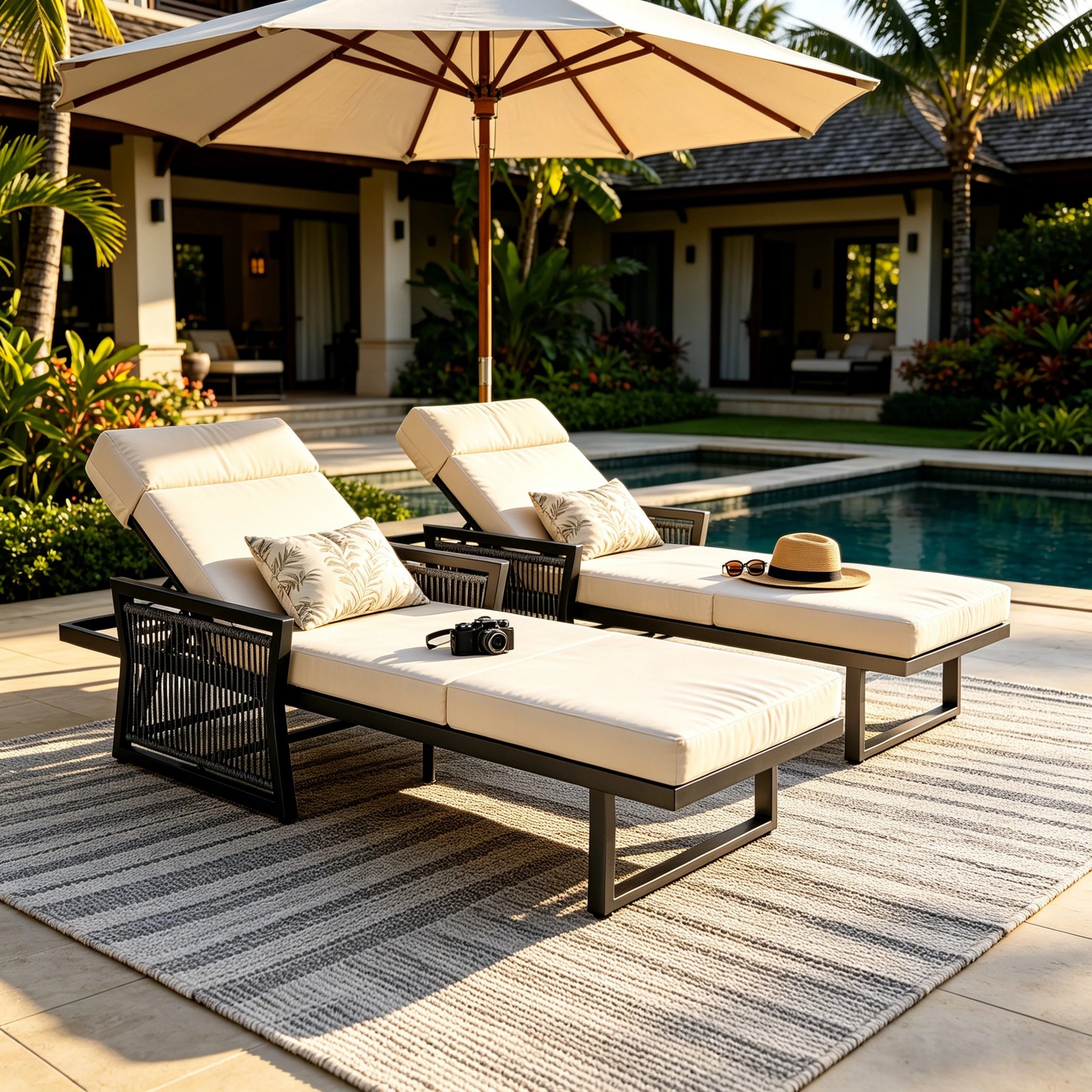 All-Black Chaise Lounge with 4″ Thick Beige Cushion, 400 lbs Capacity