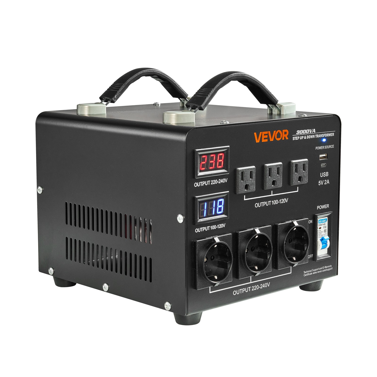 VEVOR Voltage Converter Transformer 3000VA Step Up/Down 110 to 220V/220 to 110V