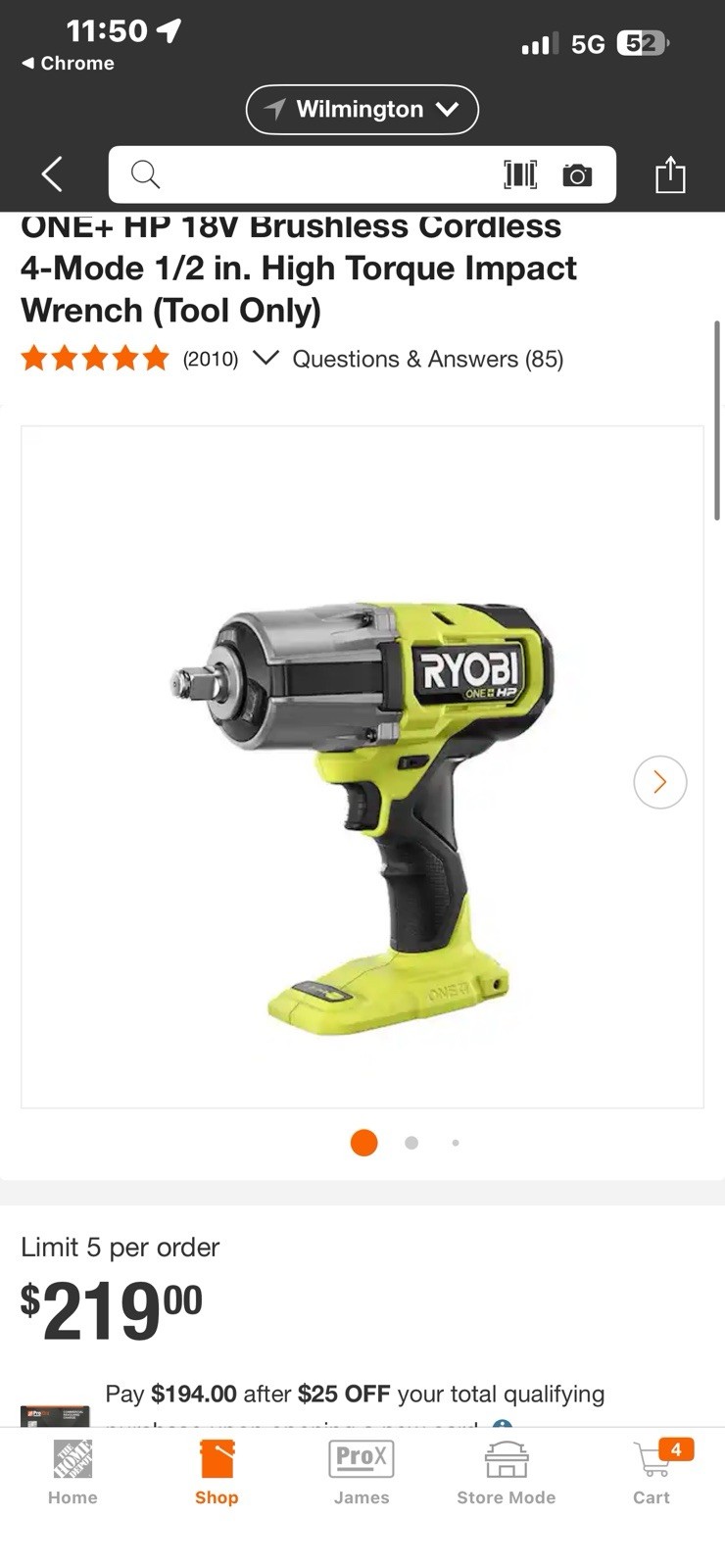 Ryobi 18V Brushless Cordless Impact Wrench 1/2″ 4-Mode High Torque-Tool Only