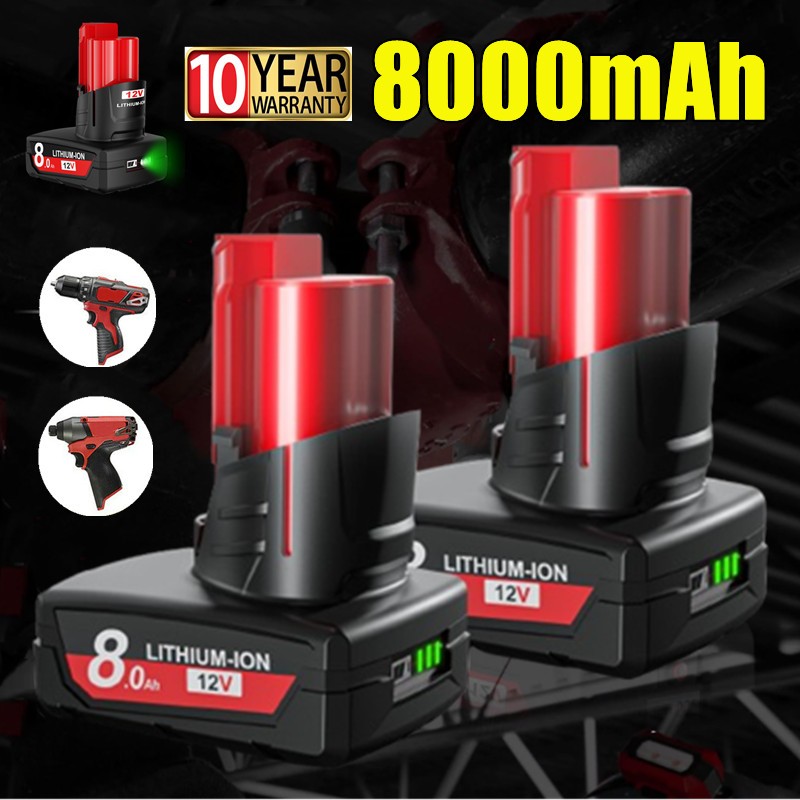 2PACK 8.0AH For Milwaukee For M12 12V 8000mAh Extended Capacity Battery w/LED