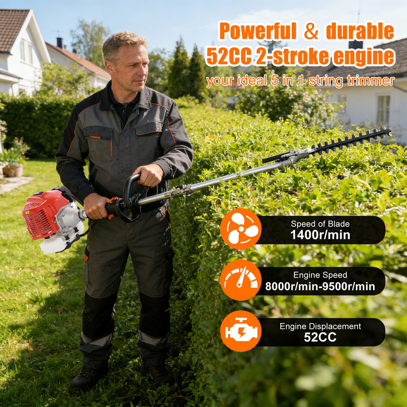 52CC 2 Stroke 5 in 1 Lawn Mower Brush Cutter Hedge Trimmer Chainsaw 70.9in