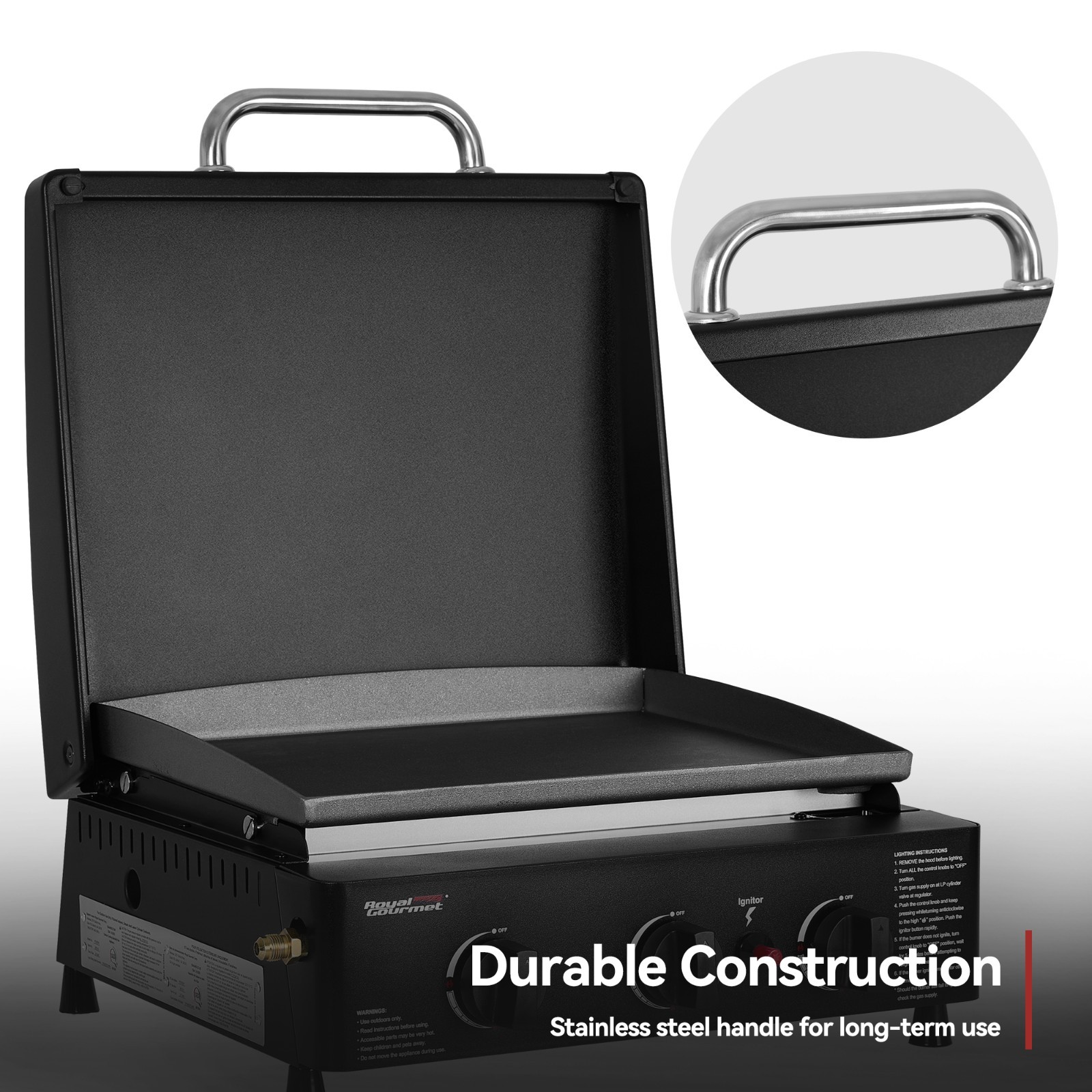 Royal Gourmet Portable 3-Burner Propane Griddle with Hood for Outdoor Cooking