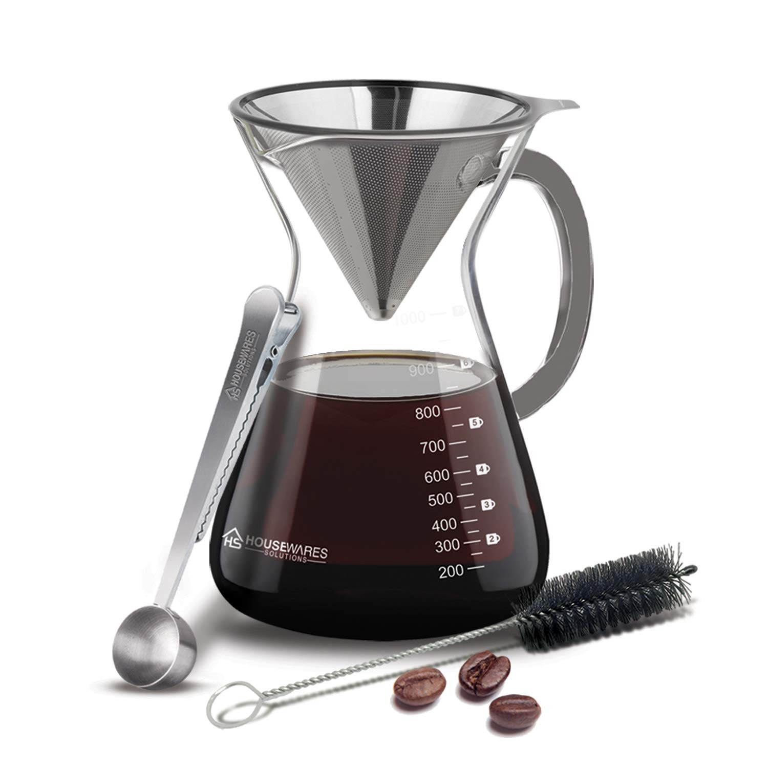 Pour Over Coffee Maker Set – 34 oz Large Borosilicate Glass Stainless Steel