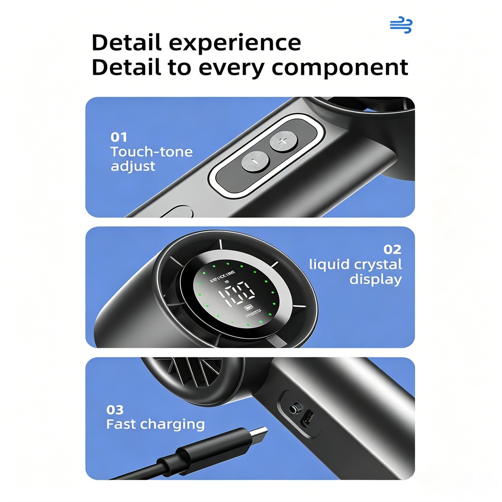 Stepless Speed Handheld Fan, LED Display USB Rechargeable for Office Travel