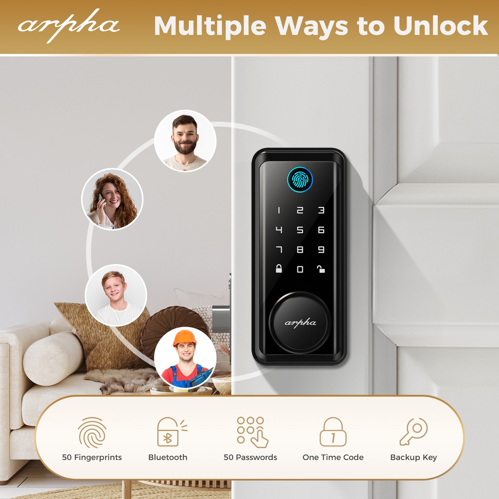 ARPHA Keyless Entry Smart Door Lock 50 Code Keypad Deadbolt Fingerprint Password