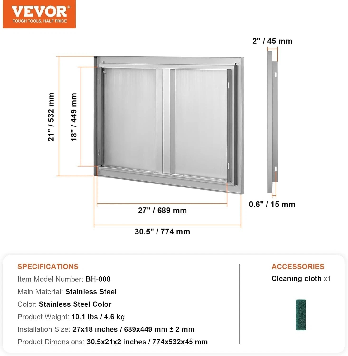Reversible Outdoor Kitchen BBQ Access Door – 30.5W x 21H Inch Stainless Steel