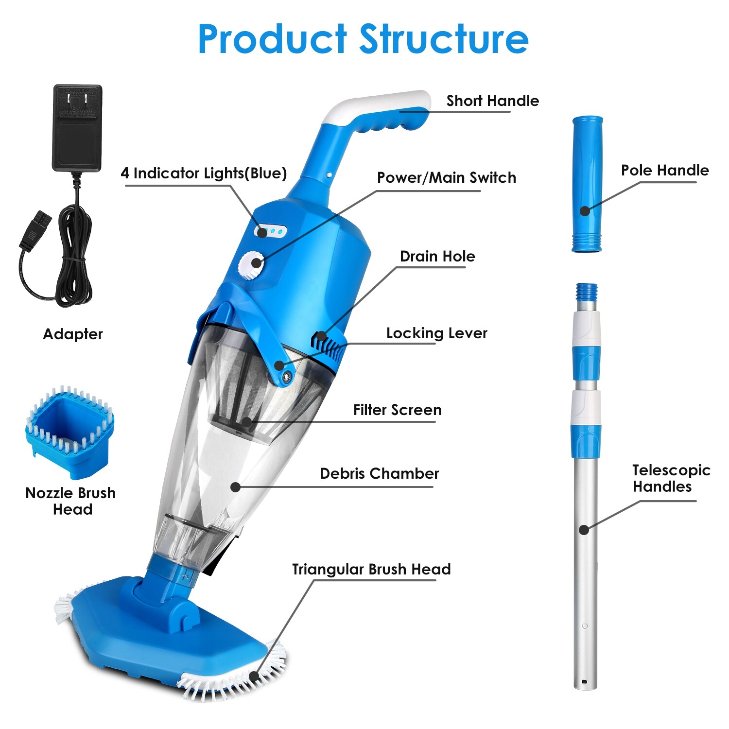 Cordless Pool Vacuum with Telescopic Pole Powerful Suction IPX8 Waterproof