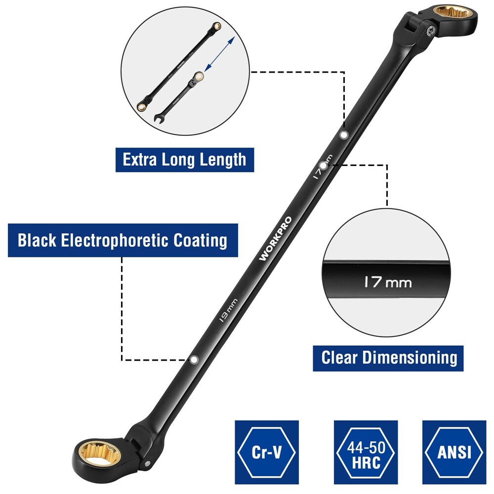 WORKPRO 5PCS Extra Long Ratcheting Wrench Set 8-19mm Combination Metric 72-Teeth
