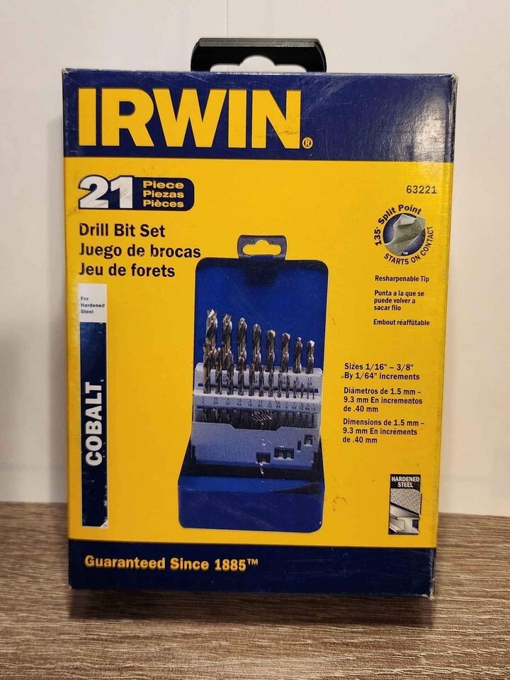 NEW SEALED PACKAGE IRWIN Drill Bit Set Cobalt Alloy Steel Jobber 21-Piece