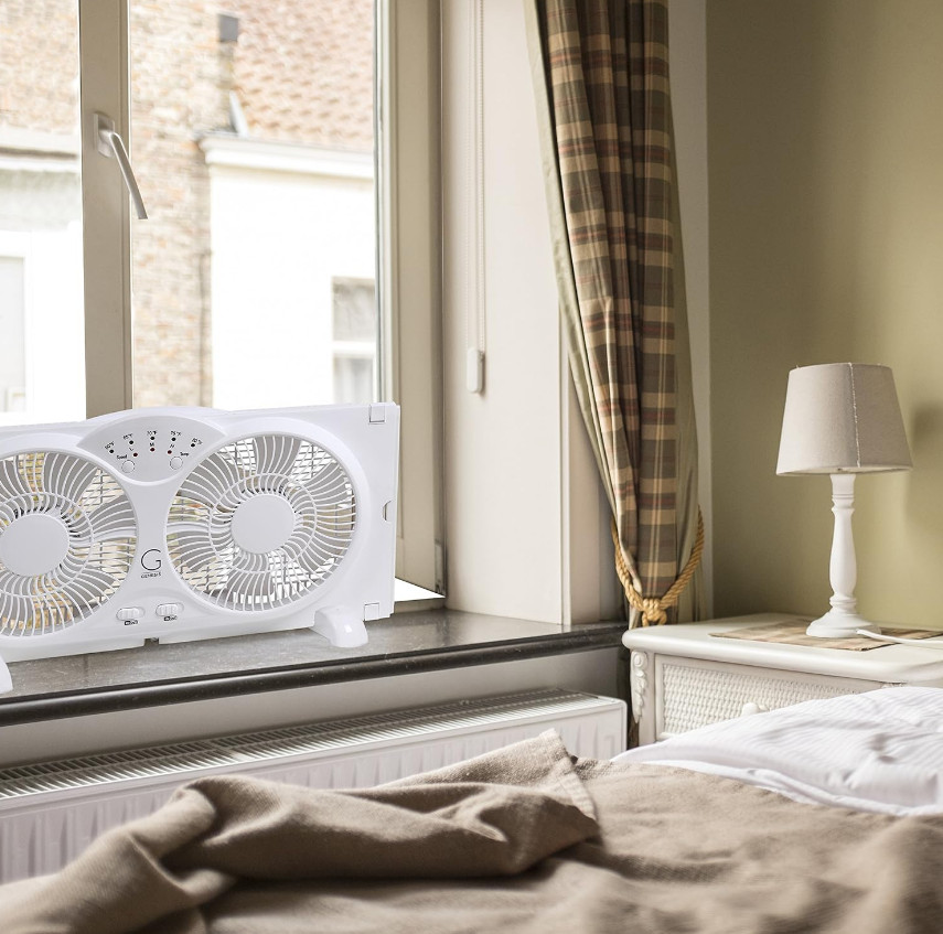 GENESIS Twin Window Fan Adjustable Thermostat Reversible Airflow 24 in. Wide