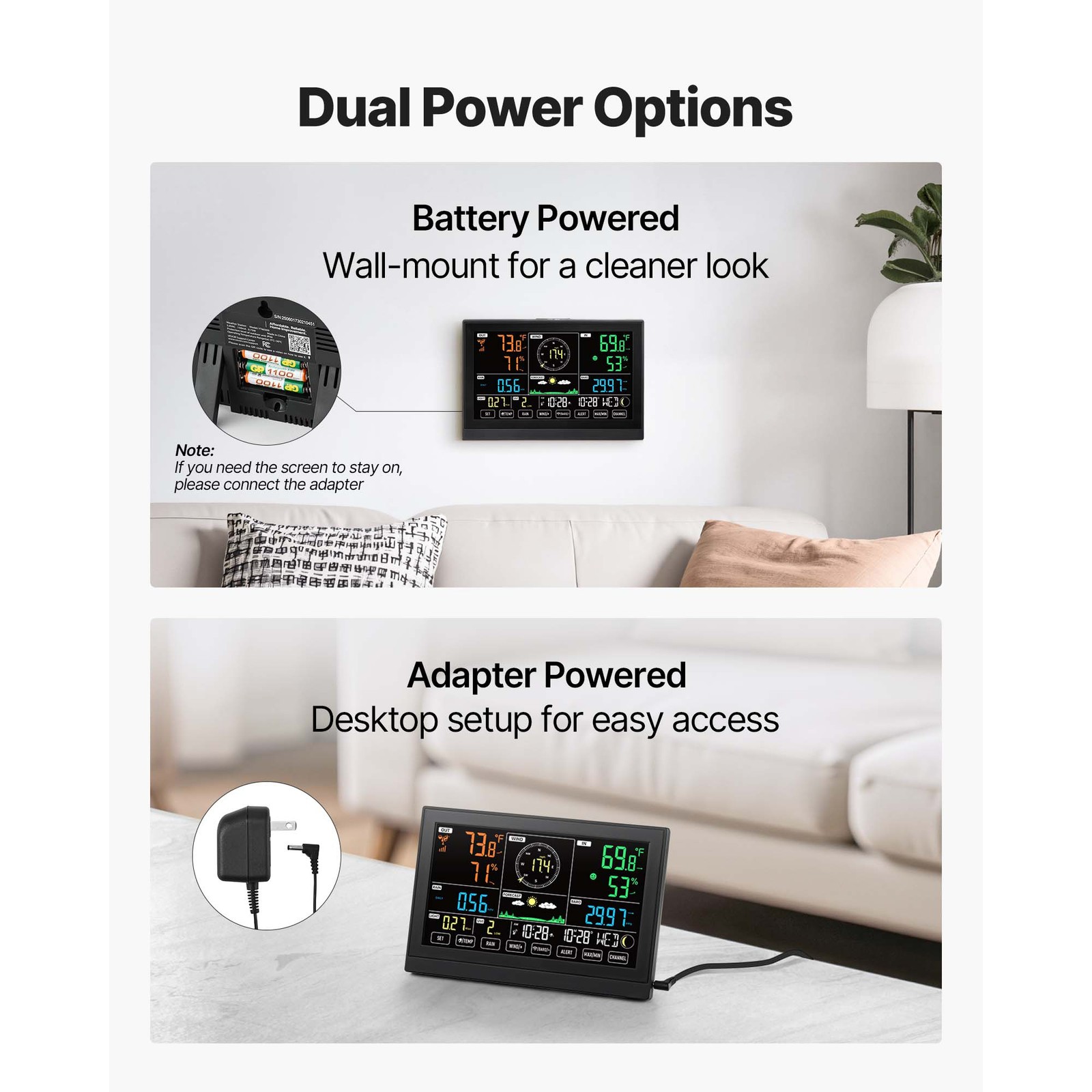 Uimoso 7-in-1 Wireless Weather Station 7.5” Display and Indoor-Outdoor Sensor